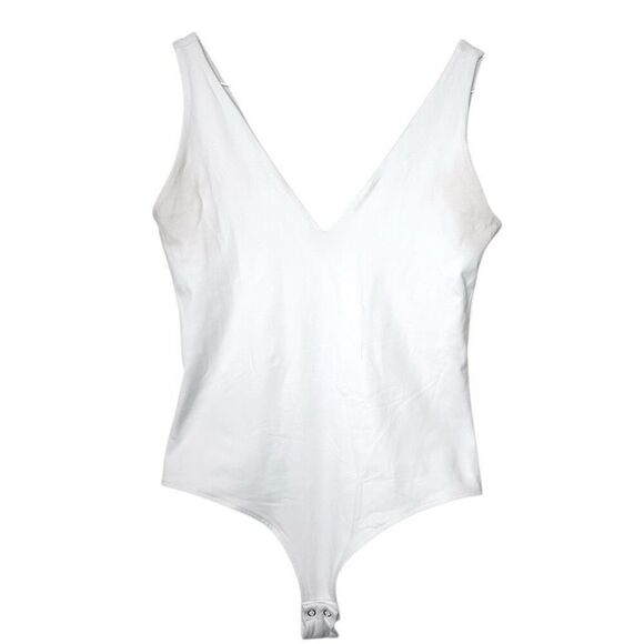 ReoRia Double Plunge V Neck Sleeveless Butsmooth Tank Bodysuit White Large - Picture 3 of 5
